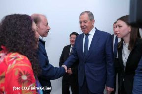 Presidente Daniel Ortega y Vicepresidenta Rosario Murillo en encuentro con Canciller de Rusia, Serguéi Lavrov