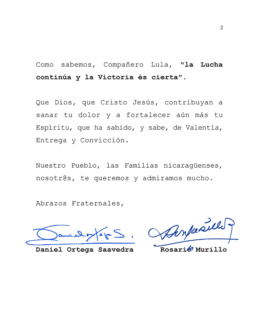 mensaje de solidaridad de nicaragua a lula da silva